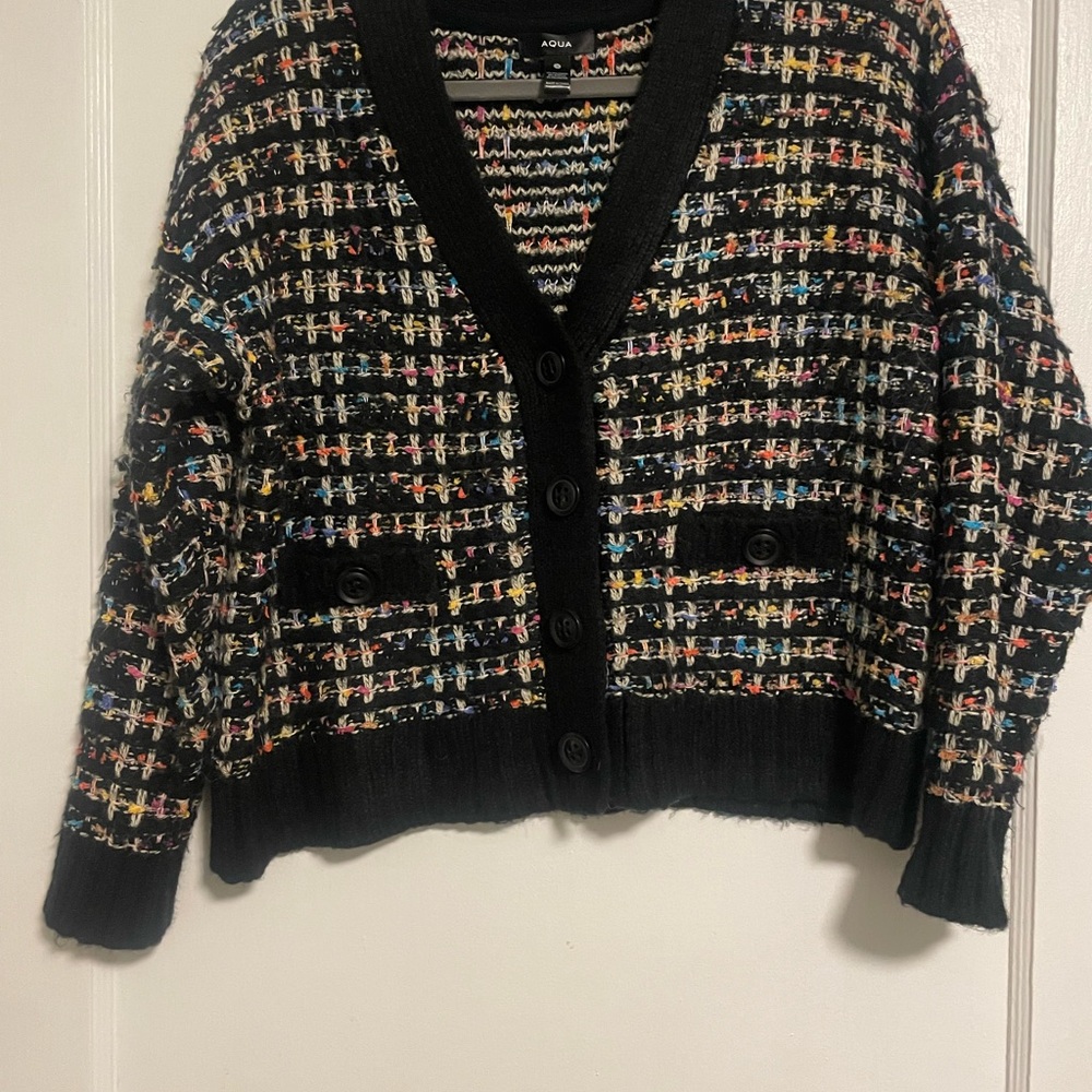 Aqua Chanel Style Black Multicolor Tweed Knit Cardigan size Small - Picture 7 of 9